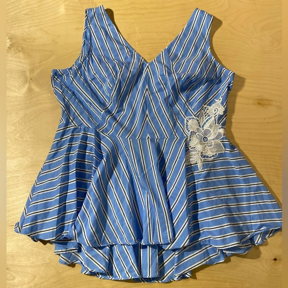 Lane Bryant Blue and White Striped Blouse with Floral Lace 18P (OS)